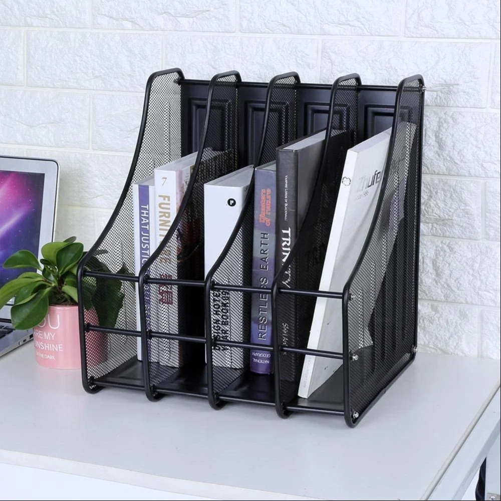 Polished 4 Layer Metal Mesh Magazine Document Holder File Rack, Free Standing