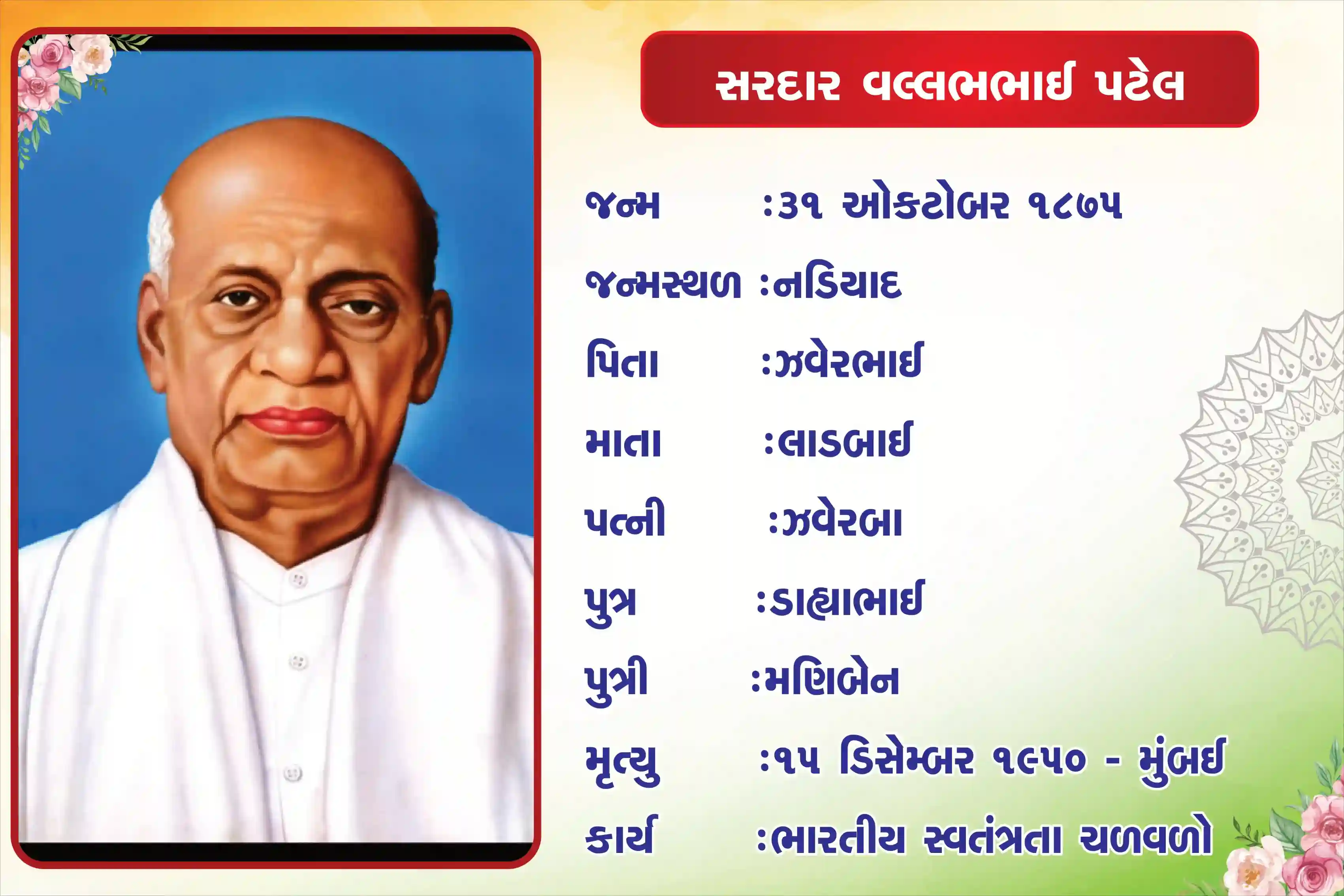 Sardar Vallbhbhai Patel Biography 18 inch × 24inch Foam Sheet